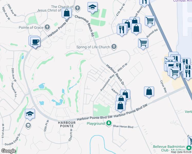 map of restaurants, bars, coffee shops, grocery stores, and more near 11766 Hartford Way in Mukilteo