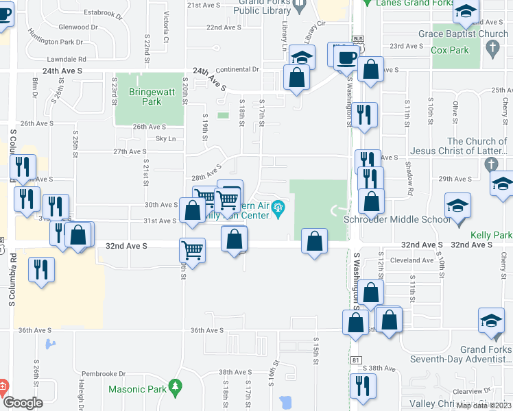 map of restaurants, bars, coffee shops, grocery stores, and more near 3011 South 17th Street in Grand Forks