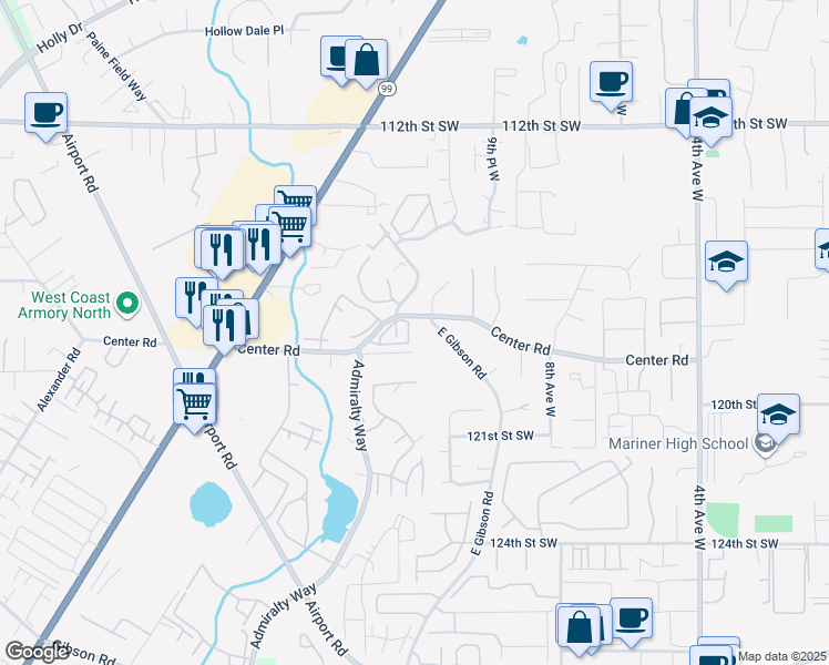map of restaurants, bars, coffee shops, grocery stores, and more near 11727 12th Avenue West in Everett