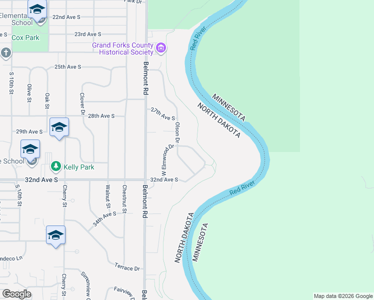 map of restaurants, bars, coffee shops, grocery stores, and more near 3104 Olson Drive in Grand Forks