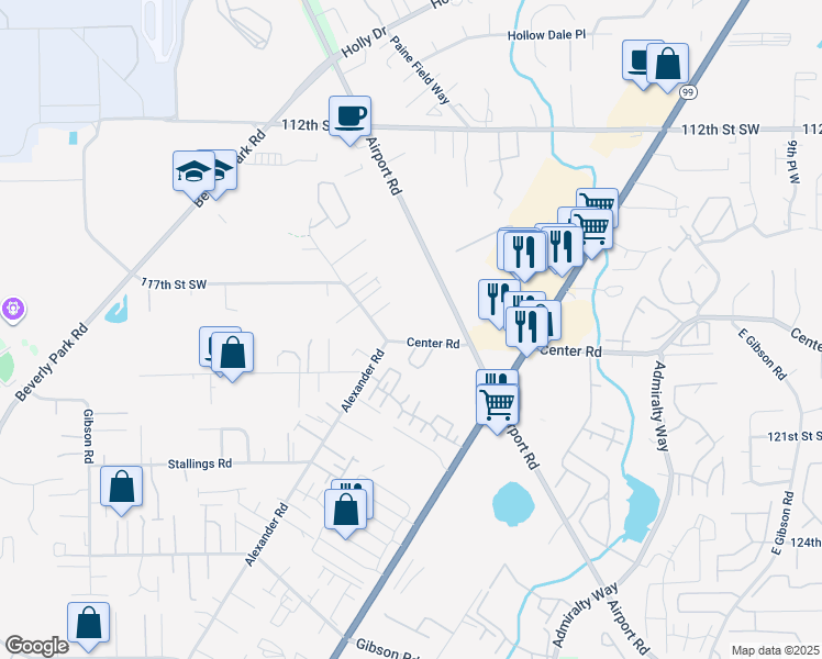 map of restaurants, bars, coffee shops, grocery stores, and more near 2120 Center Road in Everett