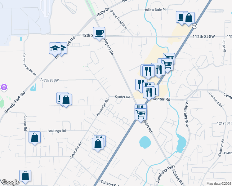 map of restaurants, bars, coffee shops, grocery stores, and more near 2120 Center Road in Everett