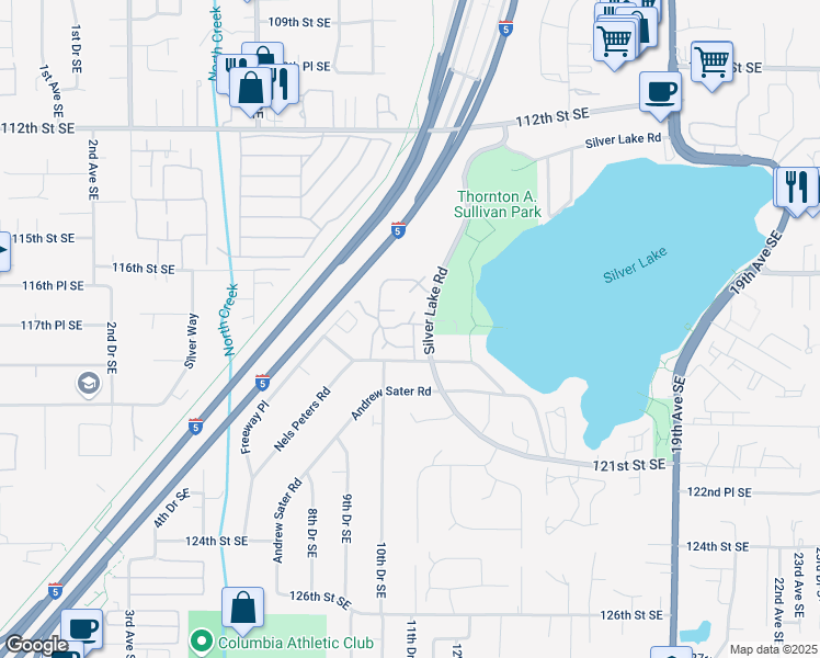 map of restaurants, bars, coffee shops, grocery stores, and more near 11622 Silver Lake Road in Everett