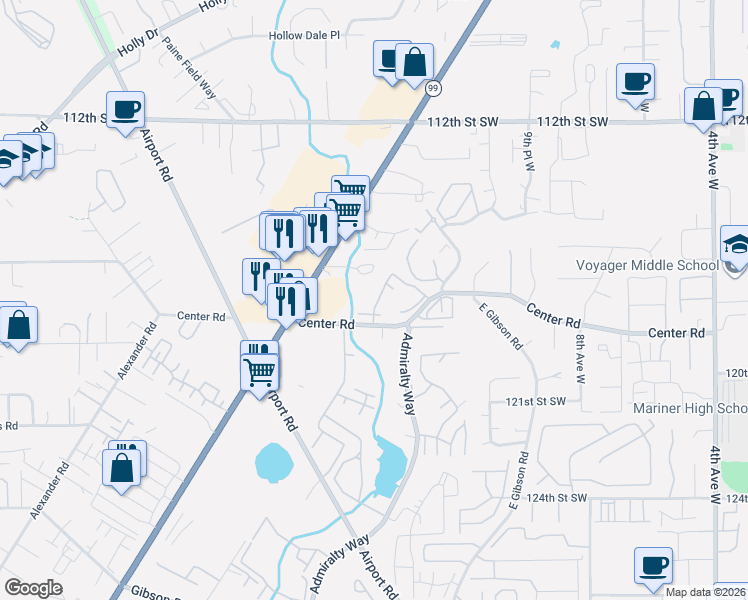 map of restaurants, bars, coffee shops, grocery stores, and more near 11722 14th Avenue West in Everett