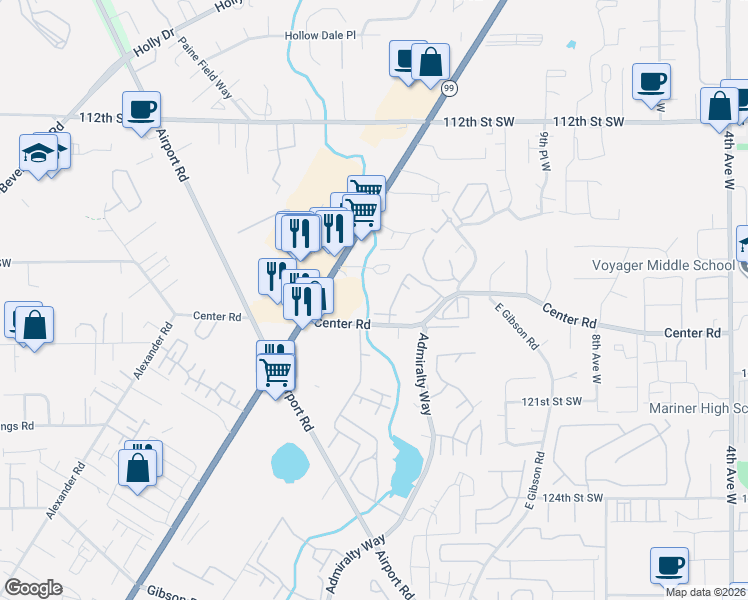 map of restaurants, bars, coffee shops, grocery stores, and more near 11615 Highway 99 in Everett