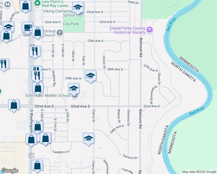 map of restaurants, bars, coffee shops, grocery stores, and more near 2903 Clover Dr in Grand Forks
