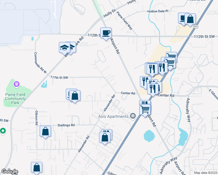 map of restaurants, bars, coffee shops, grocery stores, and more near 11631 Center Road in Everett