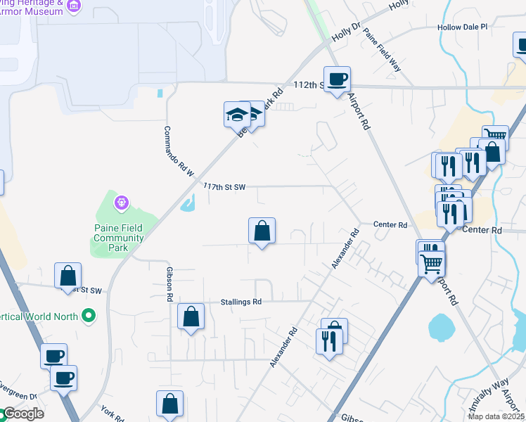 map of restaurants, bars, coffee shops, grocery stores, and more near 2520 Center Road in Everett