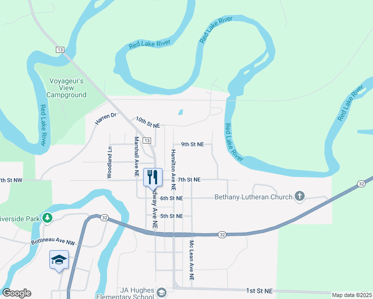 map of restaurants, bars, coffee shops, grocery stores, and more near 804 9th Street Northeast in Red Lake Falls