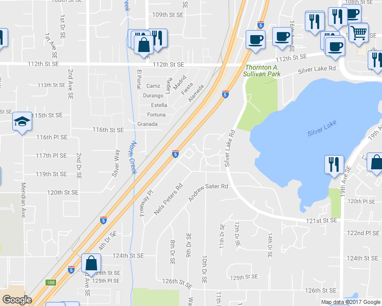 map of restaurants, bars, coffee shops, grocery stores, and more near 11622 Silver Lake Road in Everett