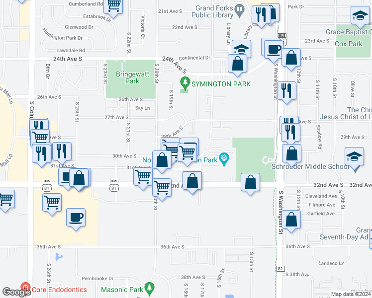 map of restaurants, bars, coffee shops, grocery stores, and more near 1850 30th Avenue South in Grand Forks