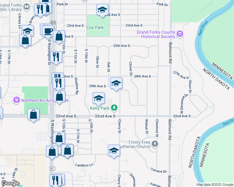 map of restaurants, bars, coffee shops, grocery stores, and more near 3000 Cherry Street in Grand Forks