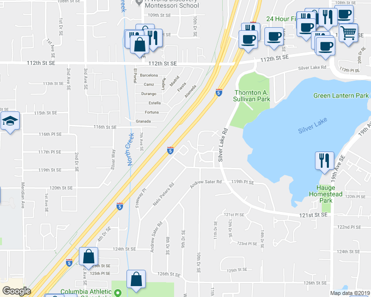 map of restaurants, bars, coffee shops, grocery stores, and more near 11622 Silver Lake Road in Everett