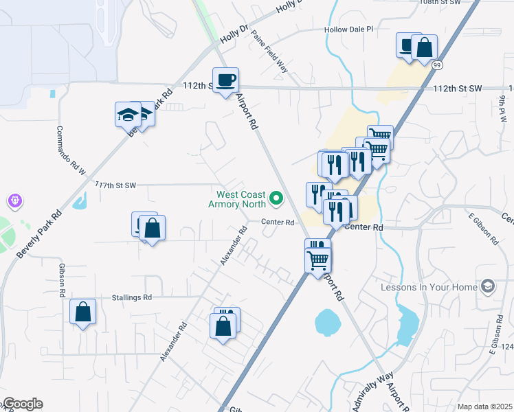 map of restaurants, bars, coffee shops, grocery stores, and more near 11630 Airport Road in Everett