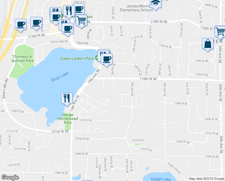 map of restaurants, bars, coffee shops, grocery stores, and more near 12312 23rd Drive Southeast in Everett
