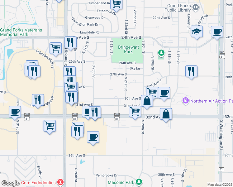 map of restaurants, bars, coffee shops, grocery stores, and more near 2302 30th Avenue South in Grand Forks