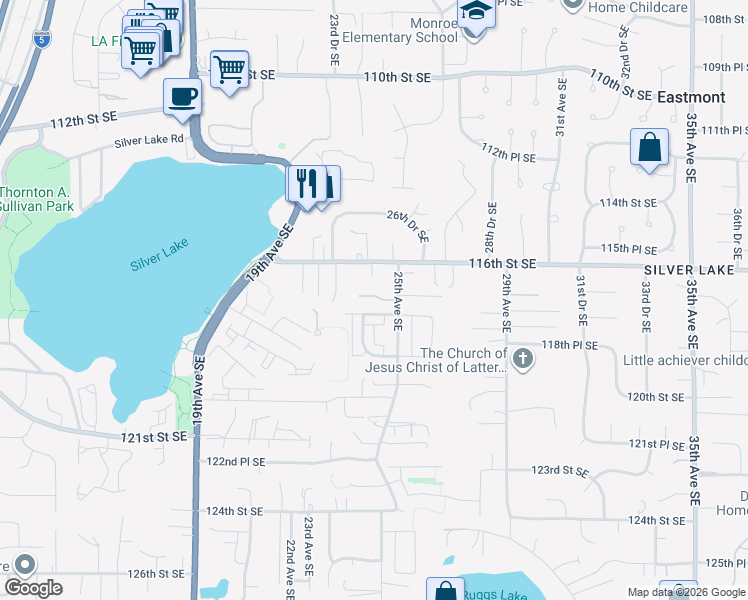 map of restaurants, bars, coffee shops, grocery stores, and more near 11706 25th Avenue Southeast in Everett
