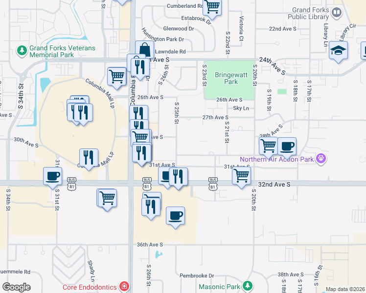 map of restaurants, bars, coffee shops, grocery stores, and more near 2450 30th Avenue South in Grand Forks