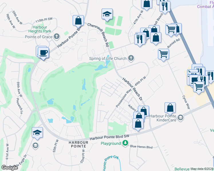 map of restaurants, bars, coffee shops, grocery stores, and more near 4791 Wilmington Way in Mukilteo