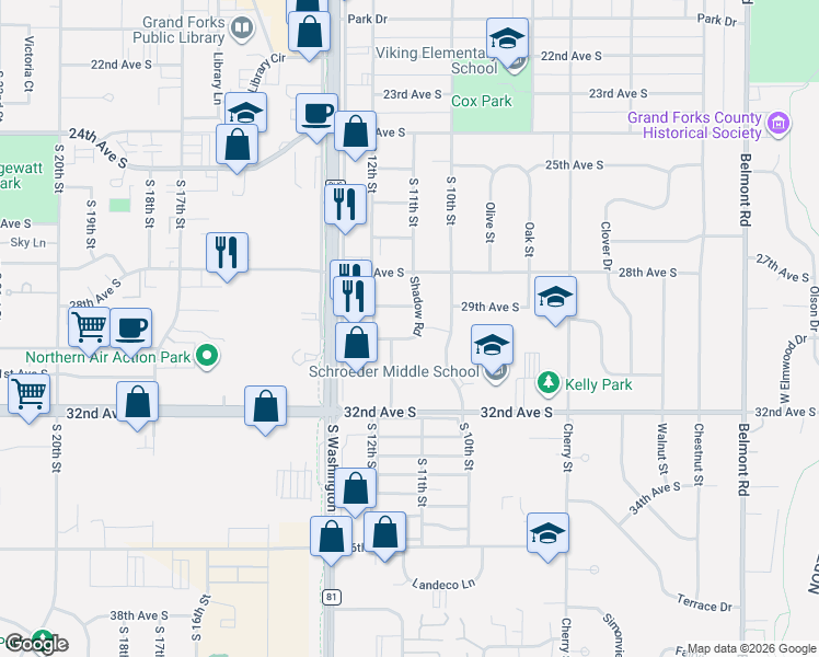 map of restaurants, bars, coffee shops, grocery stores, and more near 1109 29th Avenue South in Grand Forks