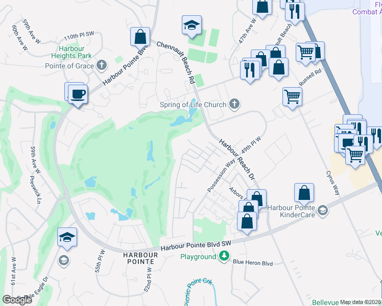 map of restaurants, bars, coffee shops, grocery stores, and more near 4791 Wilmington Way in Mukilteo