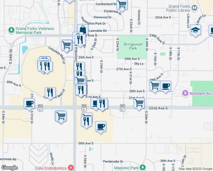 map of restaurants, bars, coffee shops, grocery stores, and more near 2402 30th Avenue South in Grand Forks