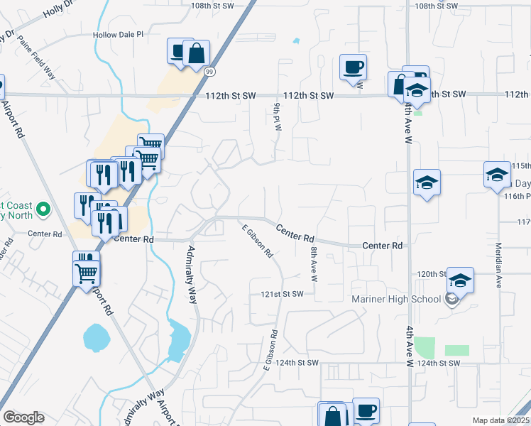 map of restaurants, bars, coffee shops, grocery stores, and more near 11711 10th Place West in Everett