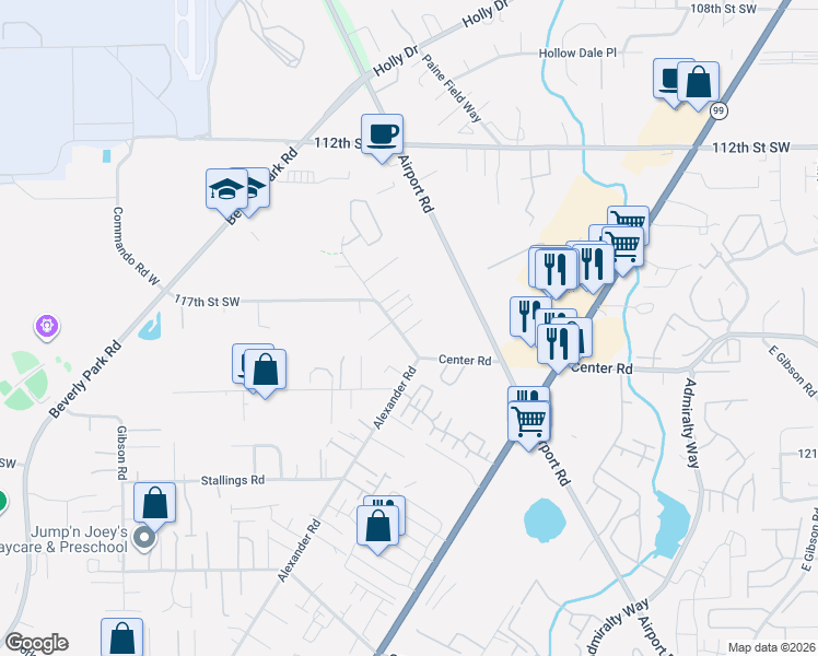 map of restaurants, bars, coffee shops, grocery stores, and more near 11631 Center Road in Everett