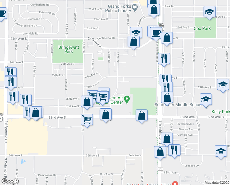 map of restaurants, bars, coffee shops, grocery stores, and more near 2904 South 17th Street in Grand Forks