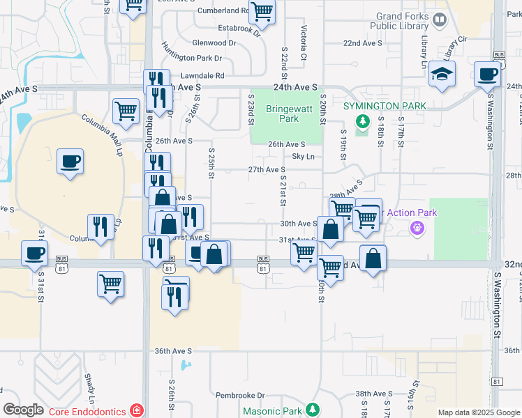 map of restaurants, bars, coffee shops, grocery stores, and more near 2302 30th Avenue South in Grand Forks