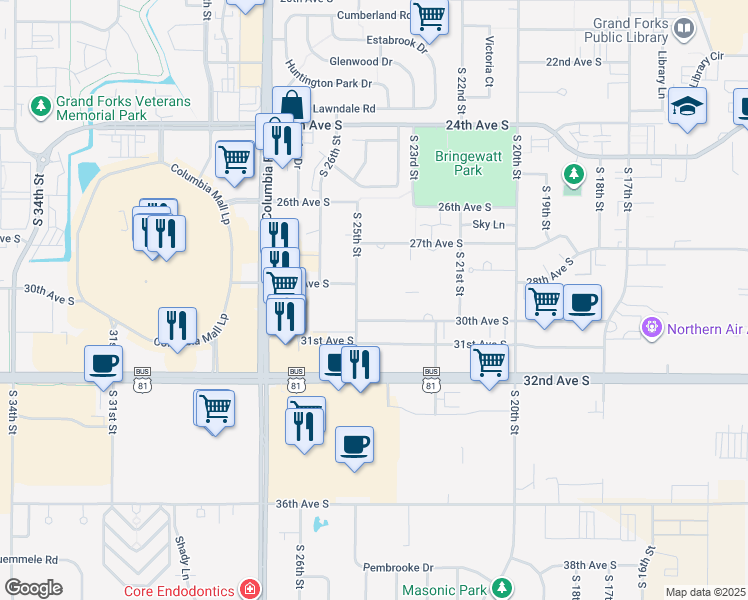 map of restaurants, bars, coffee shops, grocery stores, and more near 2402 30th Avenue South in Grand Forks
