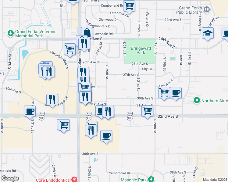 map of restaurants, bars, coffee shops, grocery stores, and more near 2402 30th Avenue South in Grand Forks