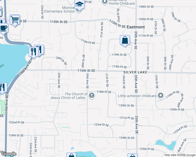 map of restaurants, bars, coffee shops, grocery stores, and more near 11633 29th Avenue Southeast in Everett