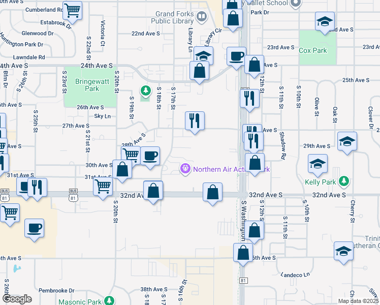 map of restaurants, bars, coffee shops, grocery stores, and more near 2917 South 17th Street in Grand Forks