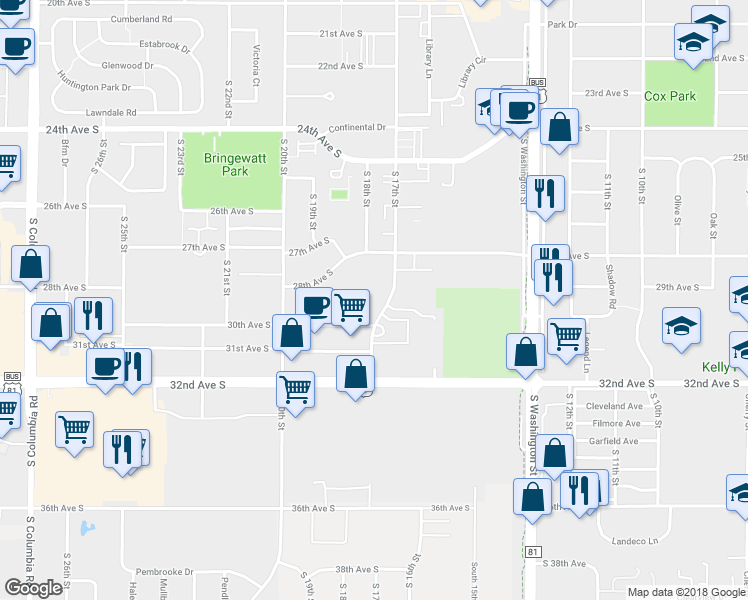 map of restaurants, bars, coffee shops, grocery stores, and more near 2904 South 17th Street in Grand Forks