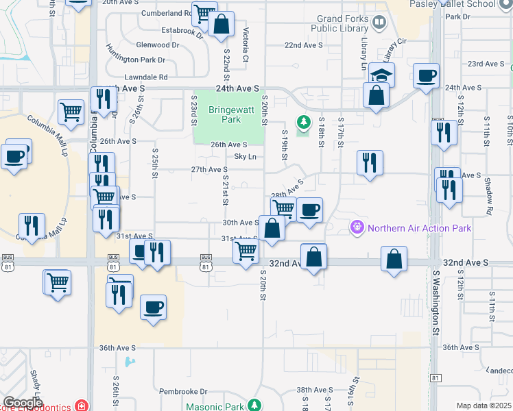 map of restaurants, bars, coffee shops, grocery stores, and more near 2024 30th Avenue South in Grand Forks
