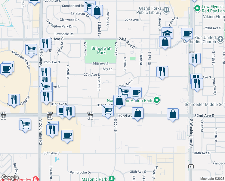 map of restaurants, bars, coffee shops, grocery stores, and more near 2024 30th Avenue South in Grand Forks