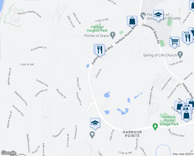 map of restaurants, bars, coffee shops, grocery stores, and more near 11709 Grove Drive in Mukilteo