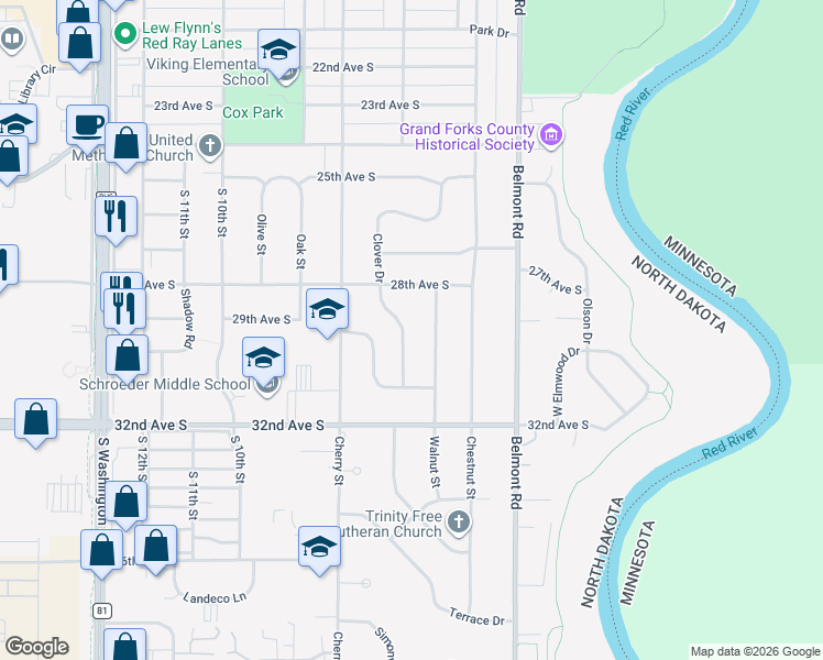 map of restaurants, bars, coffee shops, grocery stores, and more near 2903 Clover Drive in Grand Forks