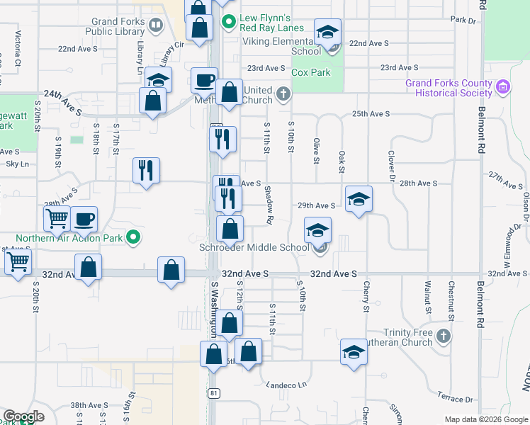 map of restaurants, bars, coffee shops, grocery stores, and more near 1109 29th Avenue South in Grand Forks