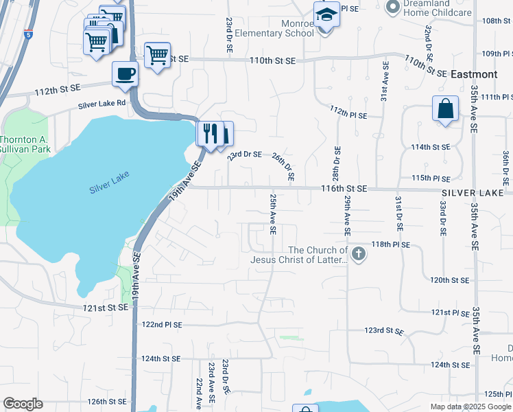 map of restaurants, bars, coffee shops, grocery stores, and more near 11706 25th Avenue Southeast in Everett