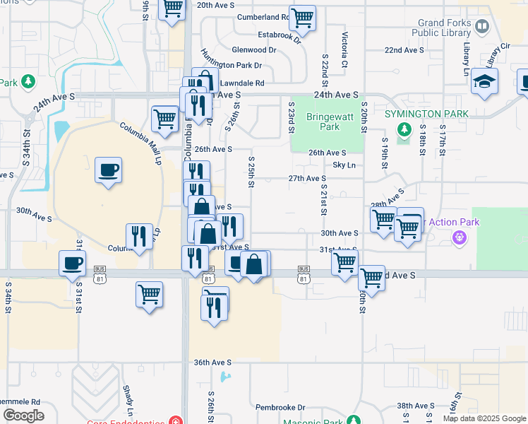 map of restaurants, bars, coffee shops, grocery stores, and more near 2450 30th Avenue South in Grand Forks