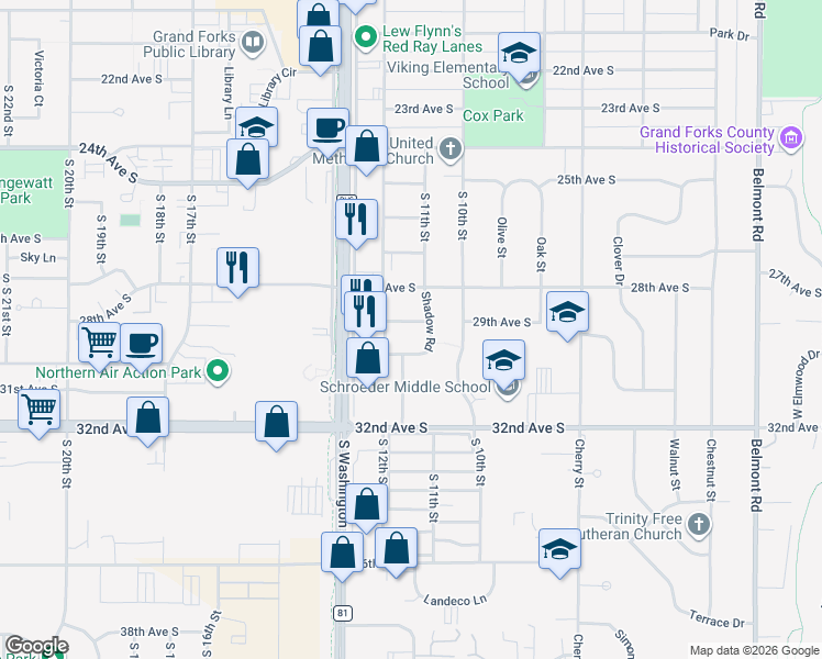 map of restaurants, bars, coffee shops, grocery stores, and more near 1109 29th Avenue South in Grand Forks