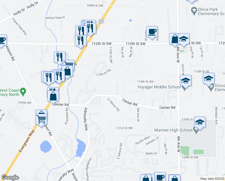 map of restaurants, bars, coffee shops, grocery stores, and more near 11623 11th Place West in Everett