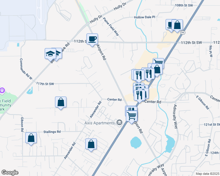 map of restaurants, bars, coffee shops, grocery stores, and more near 11630 Airport Road in Everett