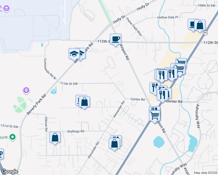 map of restaurants, bars, coffee shops, grocery stores, and more near 2316 117th Street Southwest in Everett