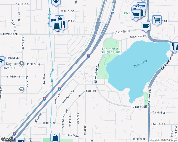 map of restaurants, bars, coffee shops, grocery stores, and more near 11622 Silver Lake Road in Everett