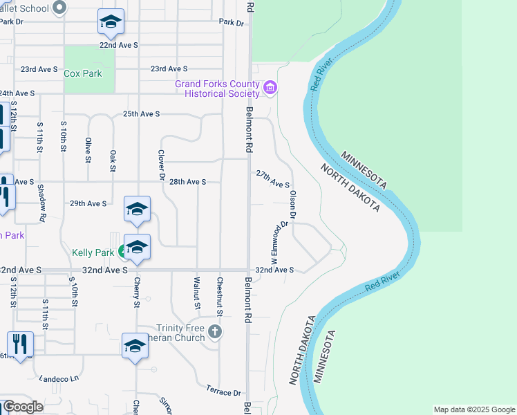 map of restaurants, bars, coffee shops, grocery stores, and more near 2813 Belmont Road in Grand Forks