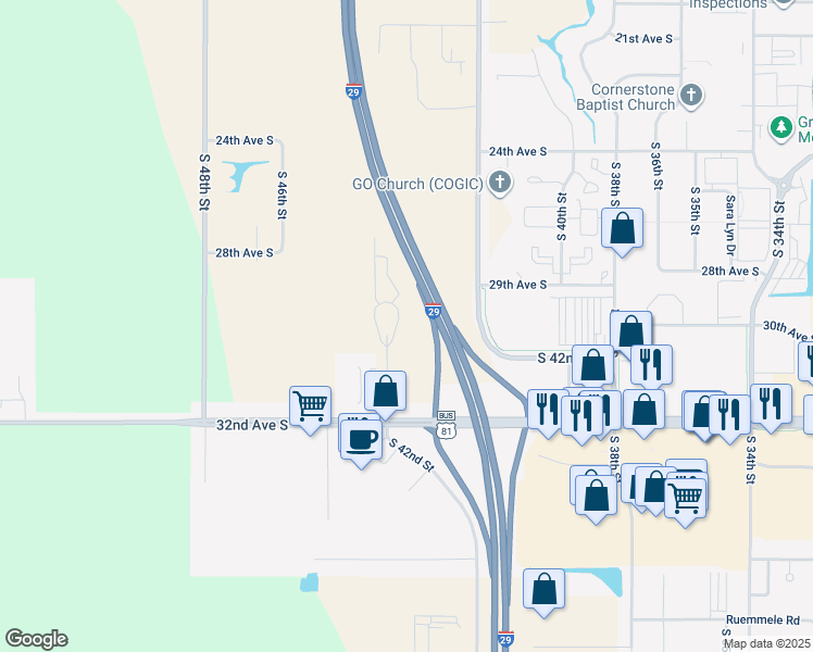 map of restaurants, bars, coffee shops, grocery stores, and more near Highway 81 in Grand Forks