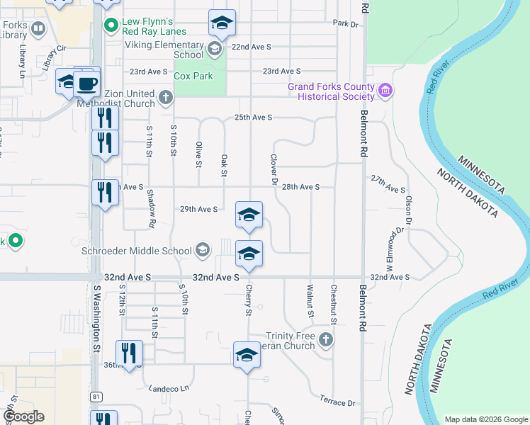 map of restaurants, bars, coffee shops, grocery stores, and more near 630 Schroeder Drive in Grand Forks